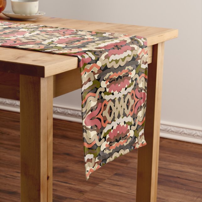 Southwestern Squiggly Wiggly Earth Tone Abstract Short Table Runner (In Situ)