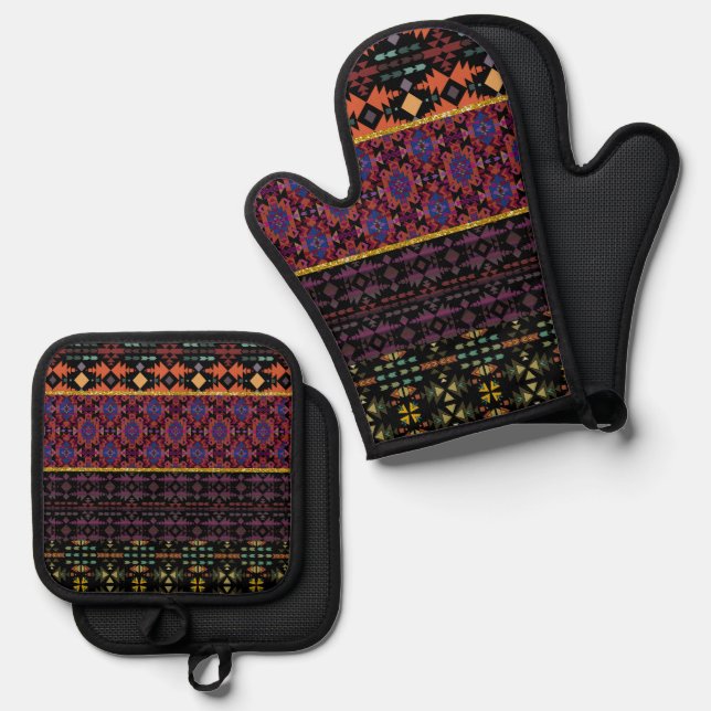 Southwestern Style Patterns Quilted Look Oven Mitt & Pot Holder Set (Front/Back)