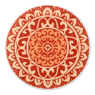 Southwestern Sun Mandala Batik, Coral Orange Ceramic Knob