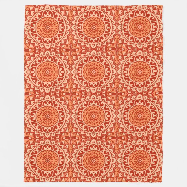 Southwestern Sun Mandala Batik, Coral Orange Fleece Blanket (Front)