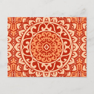 Southwestern Sun Mandala Batik, Coral Orange Postcard