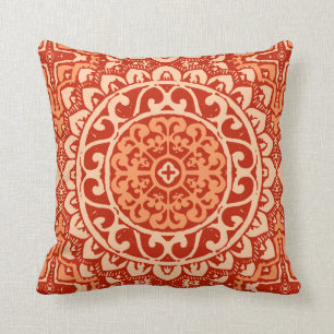 Southwestern Sun Mandala Batik, Coral Orange Throw Pillow