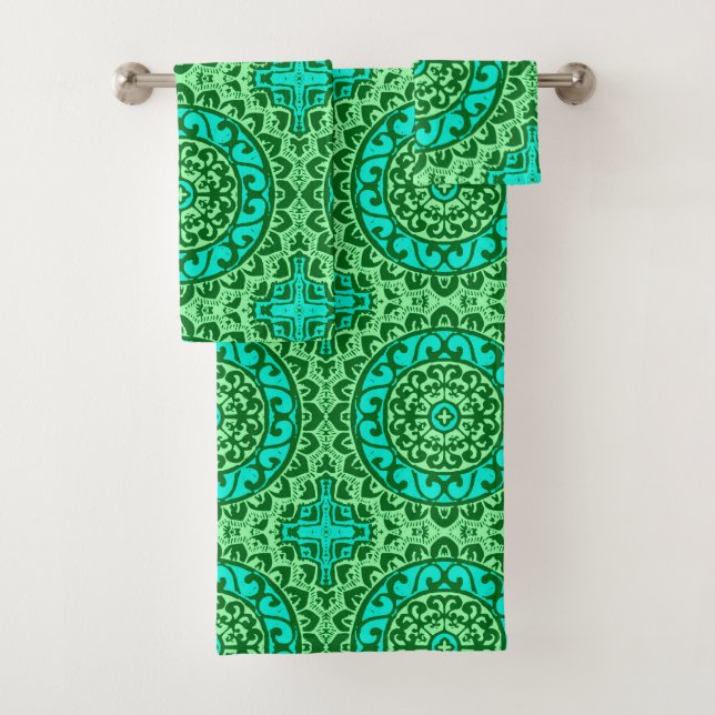 Southwestern Sun Mandala Batik, Green & Turquoise Bath Towel Set (Insitu)