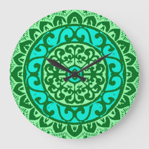 Southwestern Sun Mandala Batik, Lime Green Large Clock