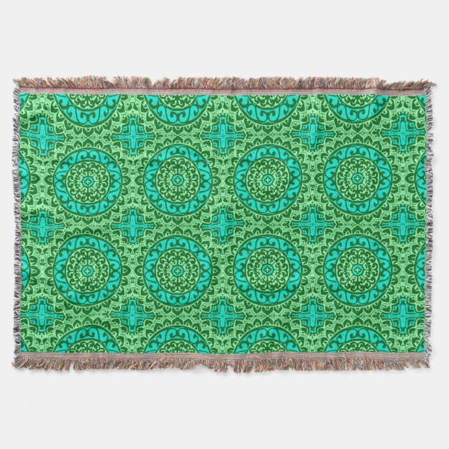 Southwestern Sun Mandala Batik, Lime Green Throw Blanket (Front)