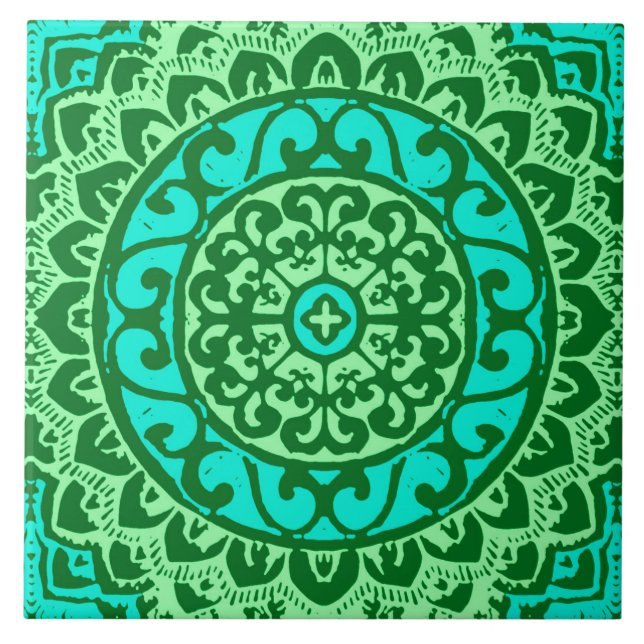 Southwestern Sun Mandala Batik, Lime Green Tile (Front)