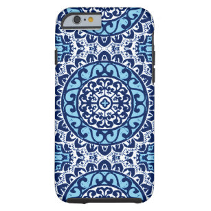 Southwestern Sun Mandala Batik, Navy Blue & White Tough iPhone 6 Case