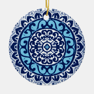 Southwestern Sun Mandala Batik, Navy Blue & White Ceramic Ornament