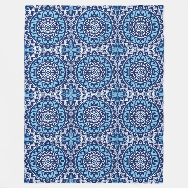 Southwestern Sun Mandala Batik, Navy Blue & White Fleece Blanket (Front)
