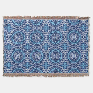 Southwestern Sun Mandala Batik, Navy Blue & White Throw Blanket