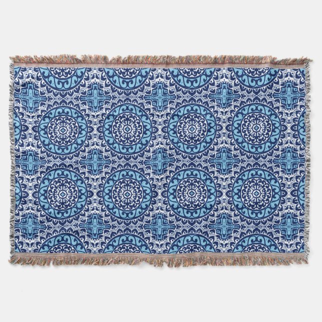 Southwestern Sun Mandala Batik, Navy Blue & White Throw Blanket (Front)