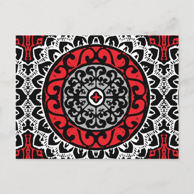 Southwestern Sun Mandala Batik, Red, Black & White Postcard (Front)