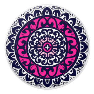 Southwestern Sun Mandala, Fuchsia, Navy & White Ceramic Knob