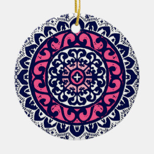Southwestern Sun Mandala, Fuchsia, Navy & White  Ceramic Ornament
