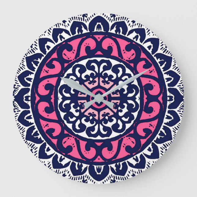Southwestern Sun Mandala, Fuchsia, Navy & White Large Clock (Front)