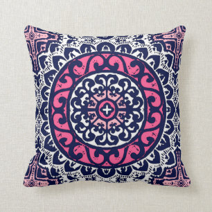Southwestern Sun Mandala, Fuchsia, Navy & White Throw Pillow