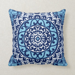 Southwestern Sun Mandala, Navy Blue & White Throw Pillow