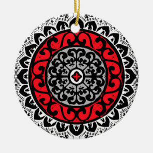 Southwestern Sun Mandala, Red, Black & White  Ceramic Ornament