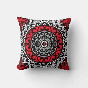 Southwestern Sun Mandala, Red, Black & White Throw Pillow