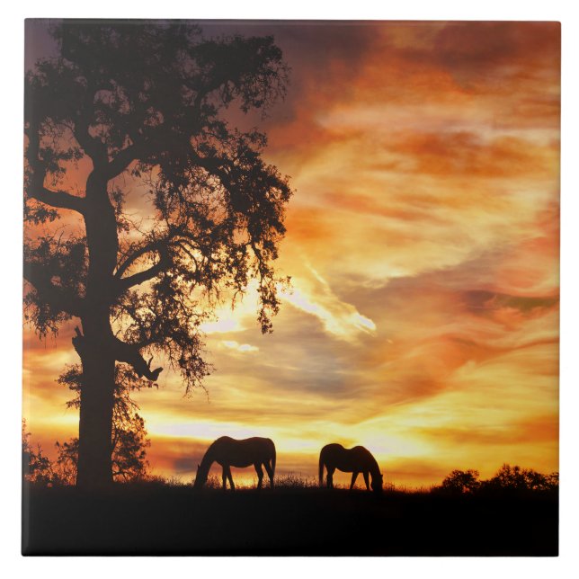 Southwestern Sunset With Horses and Oak Tree Tile (Front)