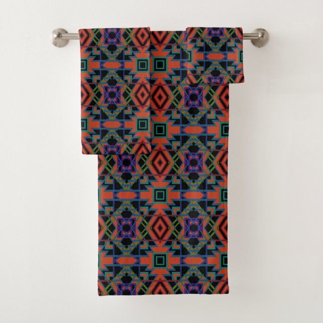 Southwestern Symmetrical Tiled Pattern Line Art Bath Towel Set (Insitu)