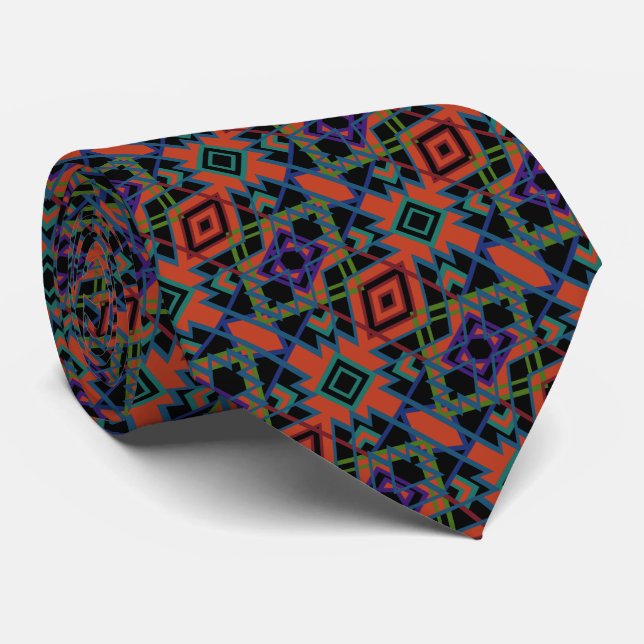 Southwestern Symmetrical Tiled Pattern Line Art Ne Tie (Rolled)
