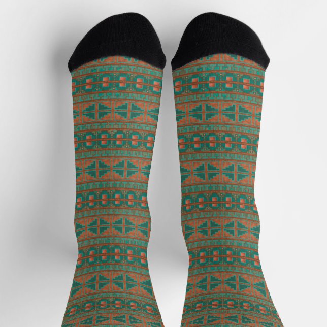 Southwestern Teal Copper Colours Geometric Pattern Socks (Top)