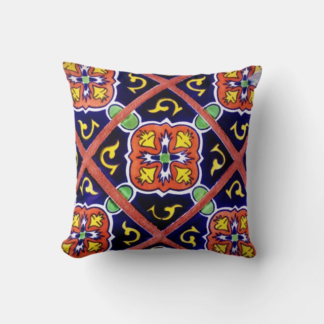 Southwestern Tile Design Throw Pillow  Cobalt Blue (Front)