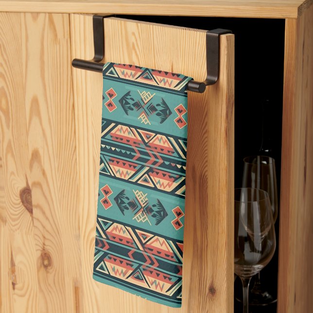 Southwestern Tribal Turquoise Kitchen Towel (Thirds Fold)