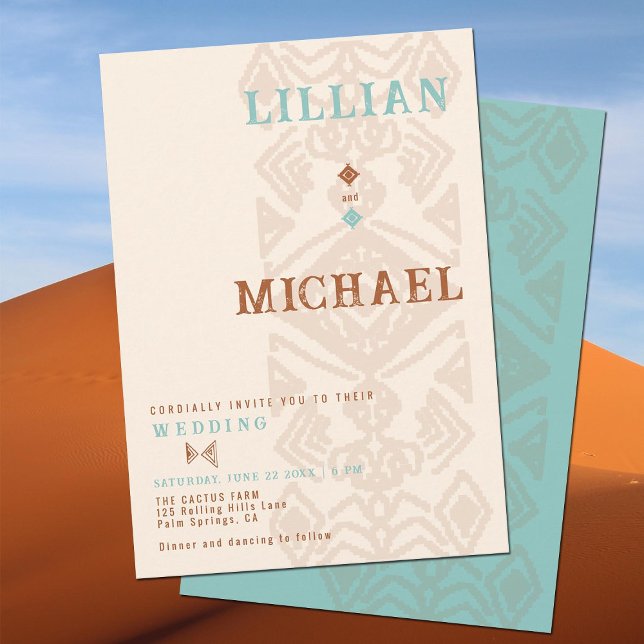 Southwestern Weave Desert Western Aztec Wedding Invitation (southwestern desert cowboy wedding invitation ranch barn western tribal aztec pattern terracotta )