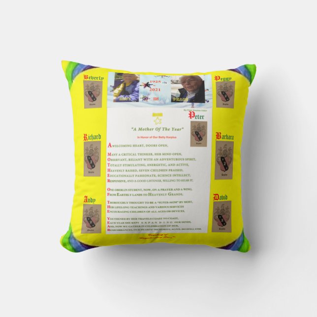 "Souvenirs de Betty Karplus 1925-2021" Coussin (Recto)