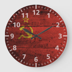 Soviet Union Flag on Old Wood Grain Large Clock