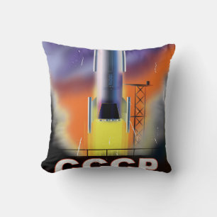 Soviet Union Retro Space Rocket Poster Throw Pillow