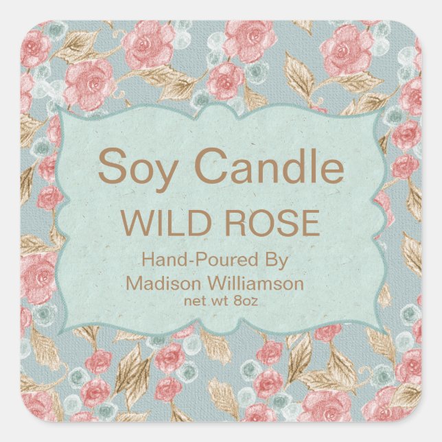 Soy Candle | Vintage Floral Personalized Square Sticker (Front)