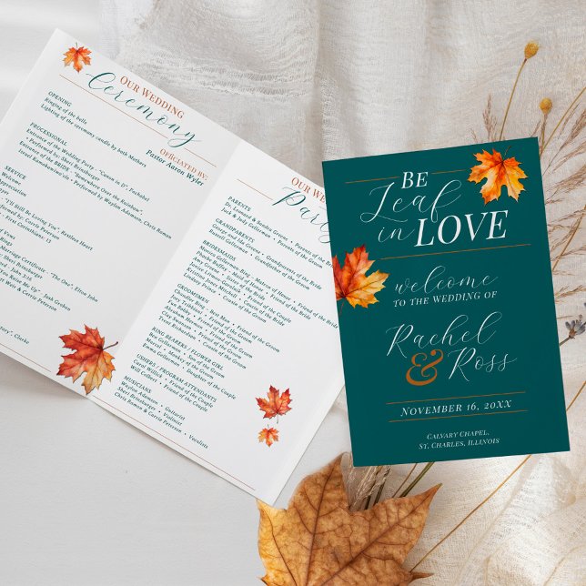 Soyez un Mariage de automne en amour Programme de  (Elegant fall leaves Be Leaf In Love teal rust rachel ross folded wedding ceremony program service)