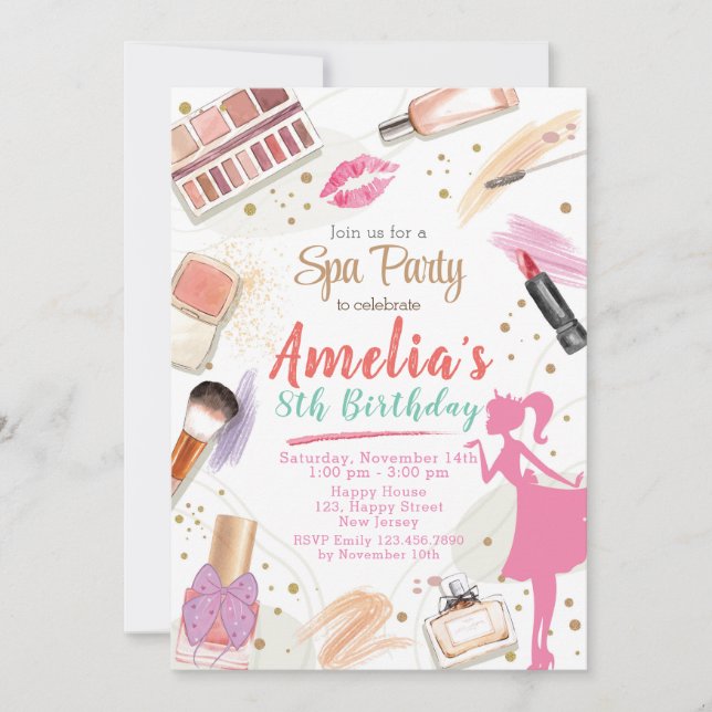 Spa Birthday Invitation. Glam up makeup birthday Invitation (Front)