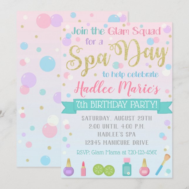 Spa Birthday Invitation Spa Party (Front/Back)