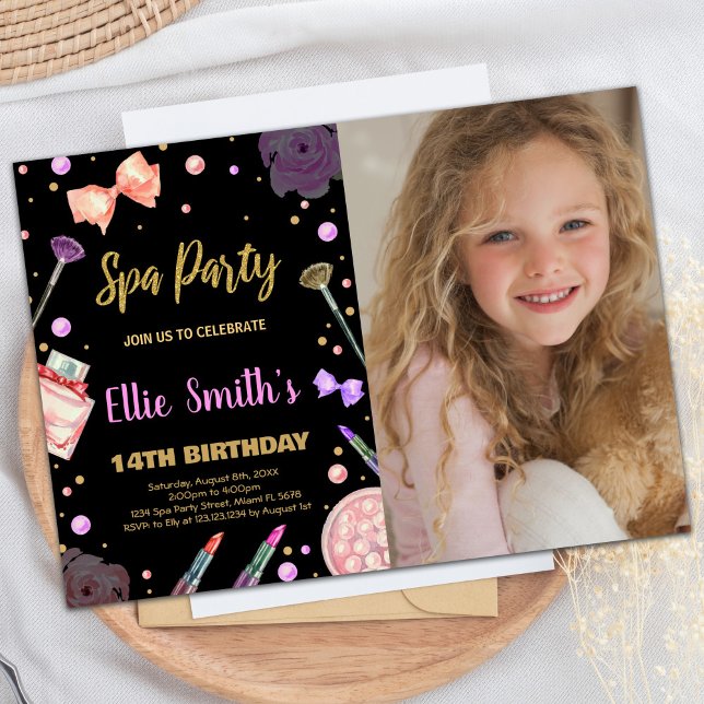 Spa Black Glitter Photo Spa Birthday Invitations (Spa Black Glitter Photo Spa Birthday Invitations)