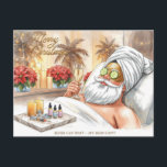 Spa Christmas themed with Santa Claus  Holiday Postcard<br><div class="desc">Celebrate a luxurious Christmas with this Spa Christmas with Santa Claus Holiday Postcard. Featuring Santa Claus enjoying a pampering spa day — soaking in a bubble bath surrounded by holiday candles, champagne, poinsettias, and palm leaves. Rendered in bright, modern watercolor tones for a clean, cheerful, and festive look — perfect...</div>