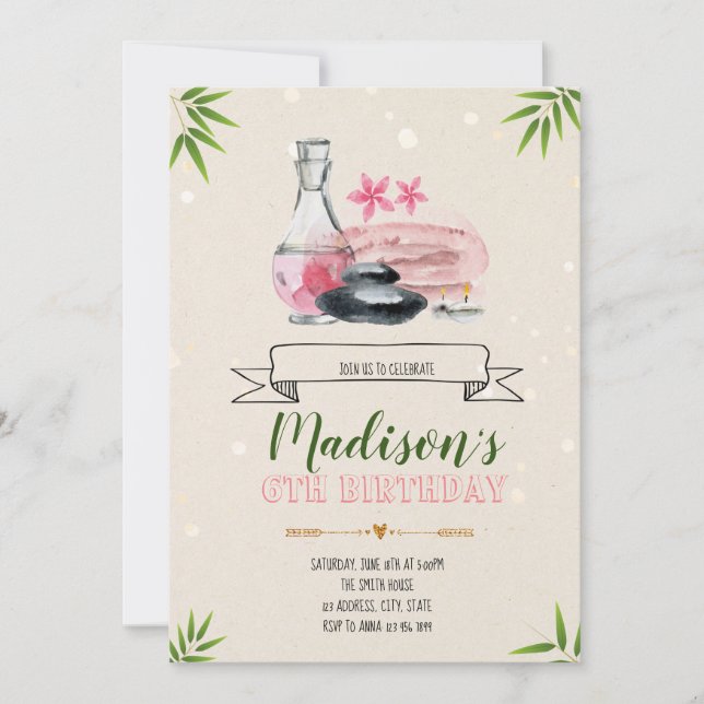 Spa day party birthday invitation (Front)