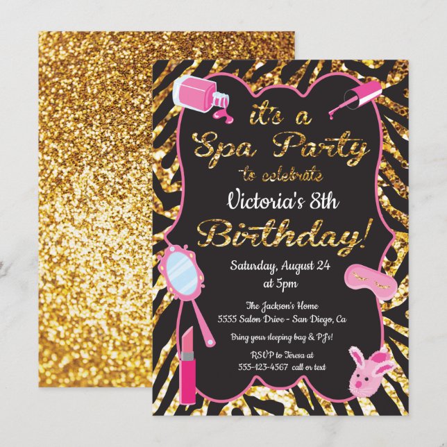 Spa de parties scintillant d'or Invitations fête d (Devant / Derrière)