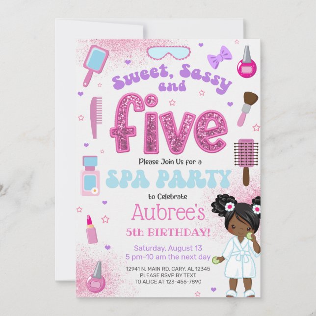 SPA, girl 5th birthday party invite, 5 year old. Invitation (Front)