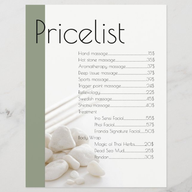 Spa Massage White Grey Stones Price List Flyer (Front)
