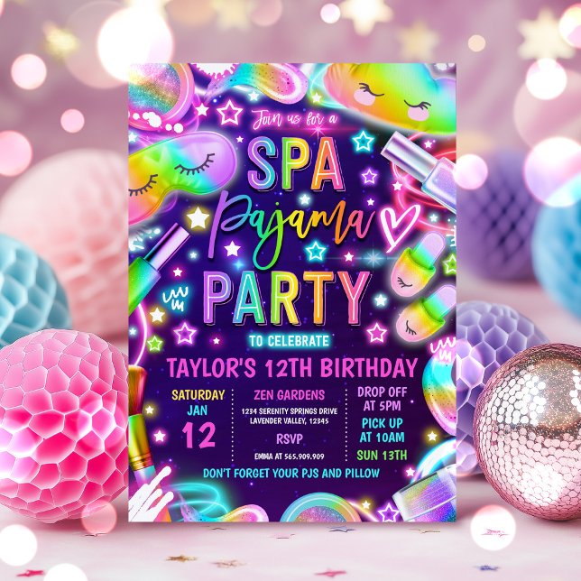 Spa Pajama Neon Spa And Sleepover Birthday Party Invitation (Creator Uploaded)