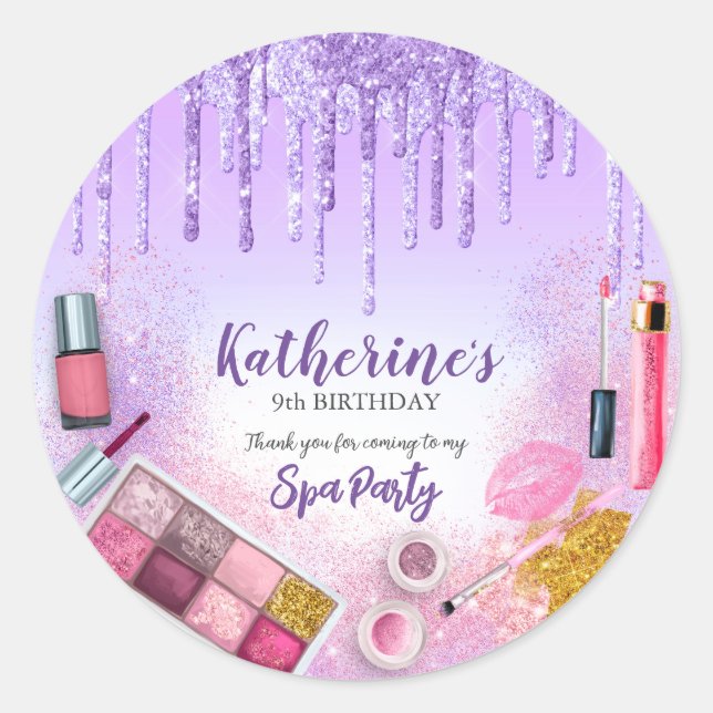 Spa Party Glam Girl Birthday Party Salon Purple Classic Round Sticker (Front)