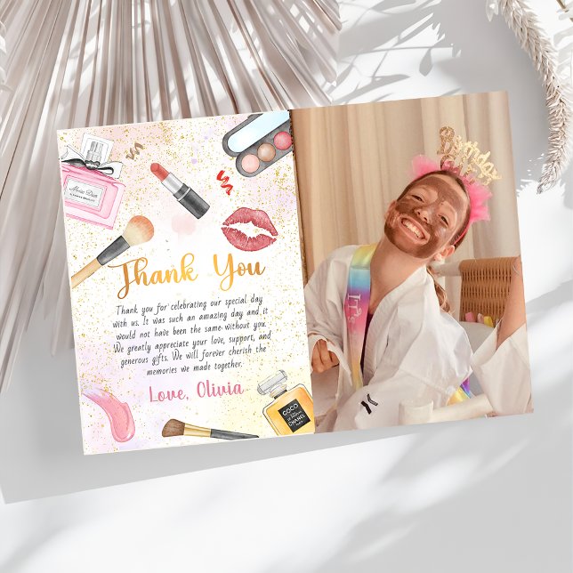 Spa Party Glam Girl Makeup Birthday Photo Thank You Card (Creator Uploaded)