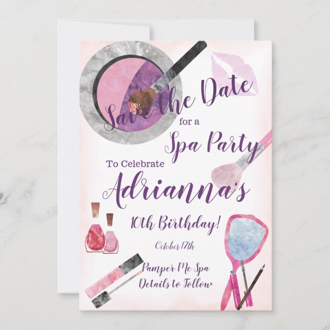 Spa Party Invitation, Editable 10th Birthday Save The Date (Front)