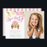 Spa Party Kids Birthday Photo Invitation<br><div class="desc">Cute kid's birthday party invitation card featuring an adorable illustration of a Charles King Spaniels puppy dog with a towel head band and cucumbers on her eyes. There are pink and cream flowers at the top. The text says "its a spa party." Perfect for a girl's sleepover, makeup, manicure and...</div>