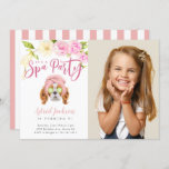 Spa Party Kids Birthday Photo Invitation<br><div class="desc">Cute kid's birthday party invitation card featuring an adorable illustration of a Charles King Spaniels puppy dog with a towel head band and cucumbers on her eyes. There are pink and cream flowers at the top. The text says "its a spa party." Perfect for a girl's sleepover, makeup, manicure and...</div>