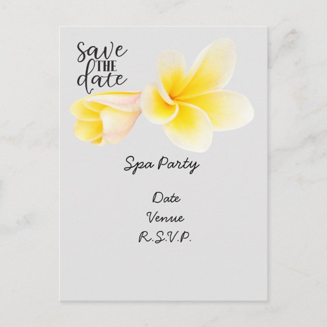 Spa party save the date with Plumeria Flower  Postcard (Front)